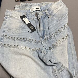Fashion Nova High Rise Light Blue Studded Jeans